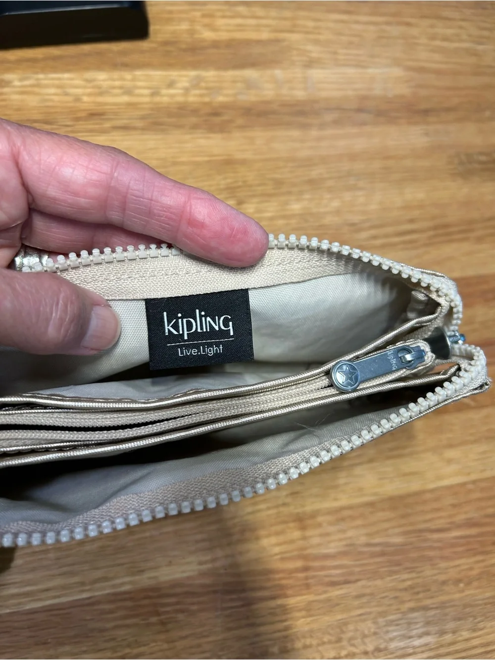 Kipling Metallic Silver Cosmetic Pouch with Monkey Charm